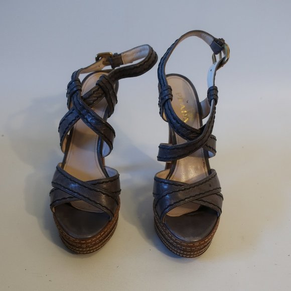 Womens Prada Gray Platform Strappy Leather Heels 38 US/8 * - Picture 3 of 16